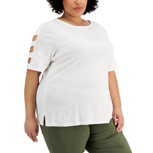 Karen Scott Plus Size 100% Cotton White Cutout-Sleeve Top NWT